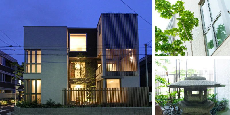 都会の一等地に建つ、3階建てのモダンな住まい。シンボルとなる2本の樹と相まって外観は通りに美しく映え、潤いをもたらしています。​
